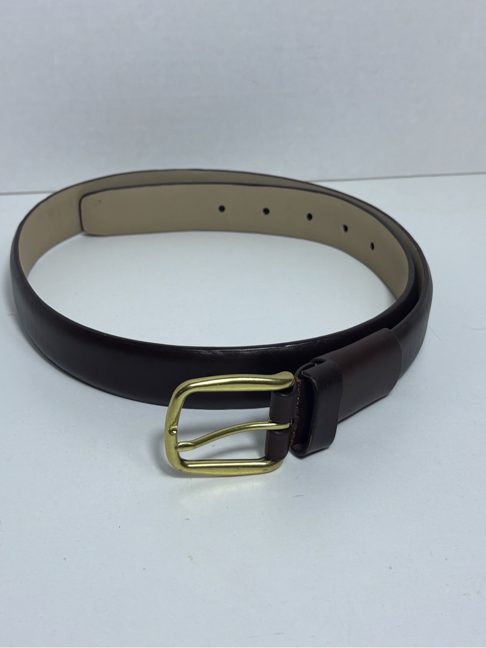 Lands End Belt Men Size 32 Brown Leather Face Gold Accent